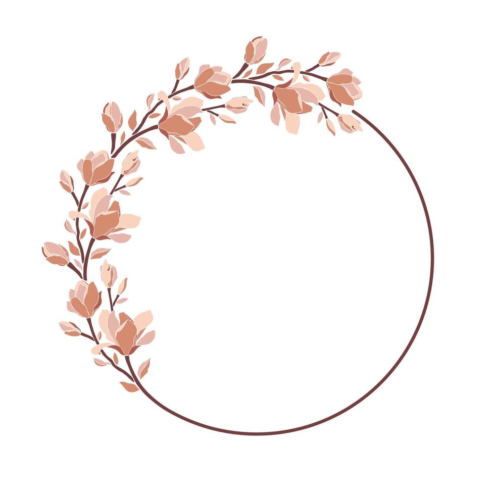 Floral frame, wreath with magnolia blooming flowers. vector