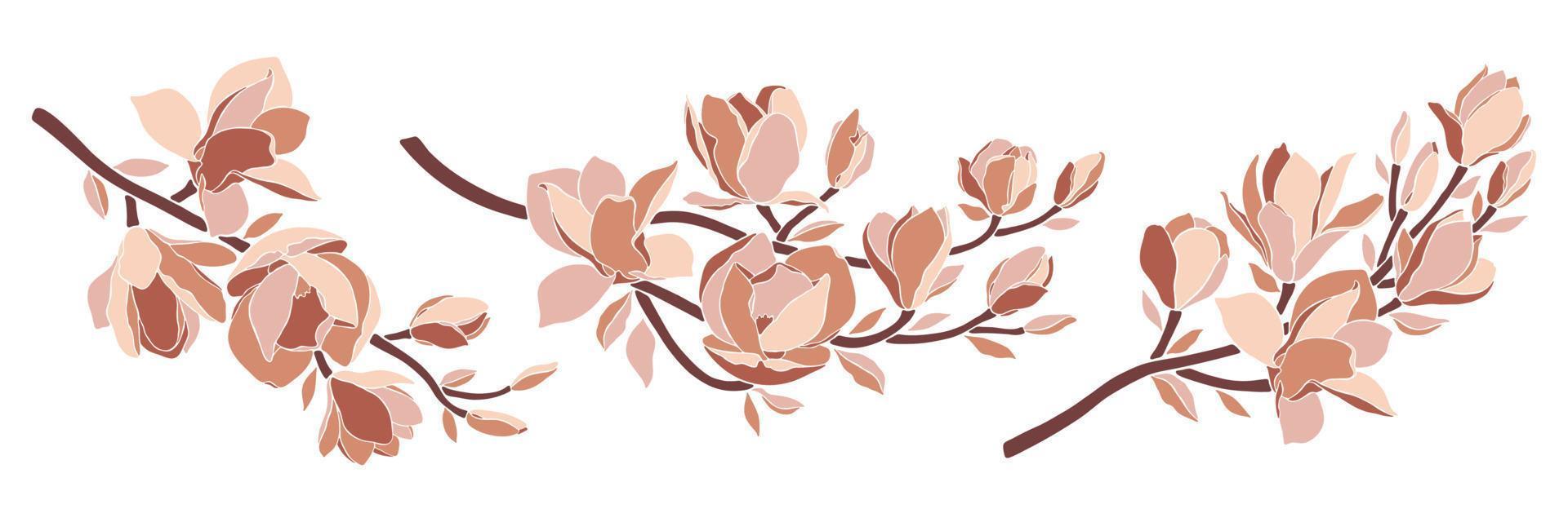 Set of magnolia branches in pastel color palette on white background. vector