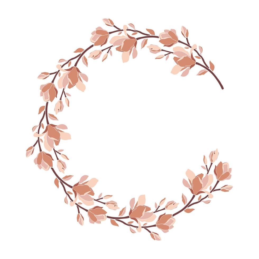 Floral frame, wreath with magnolia blooming flowers. vector