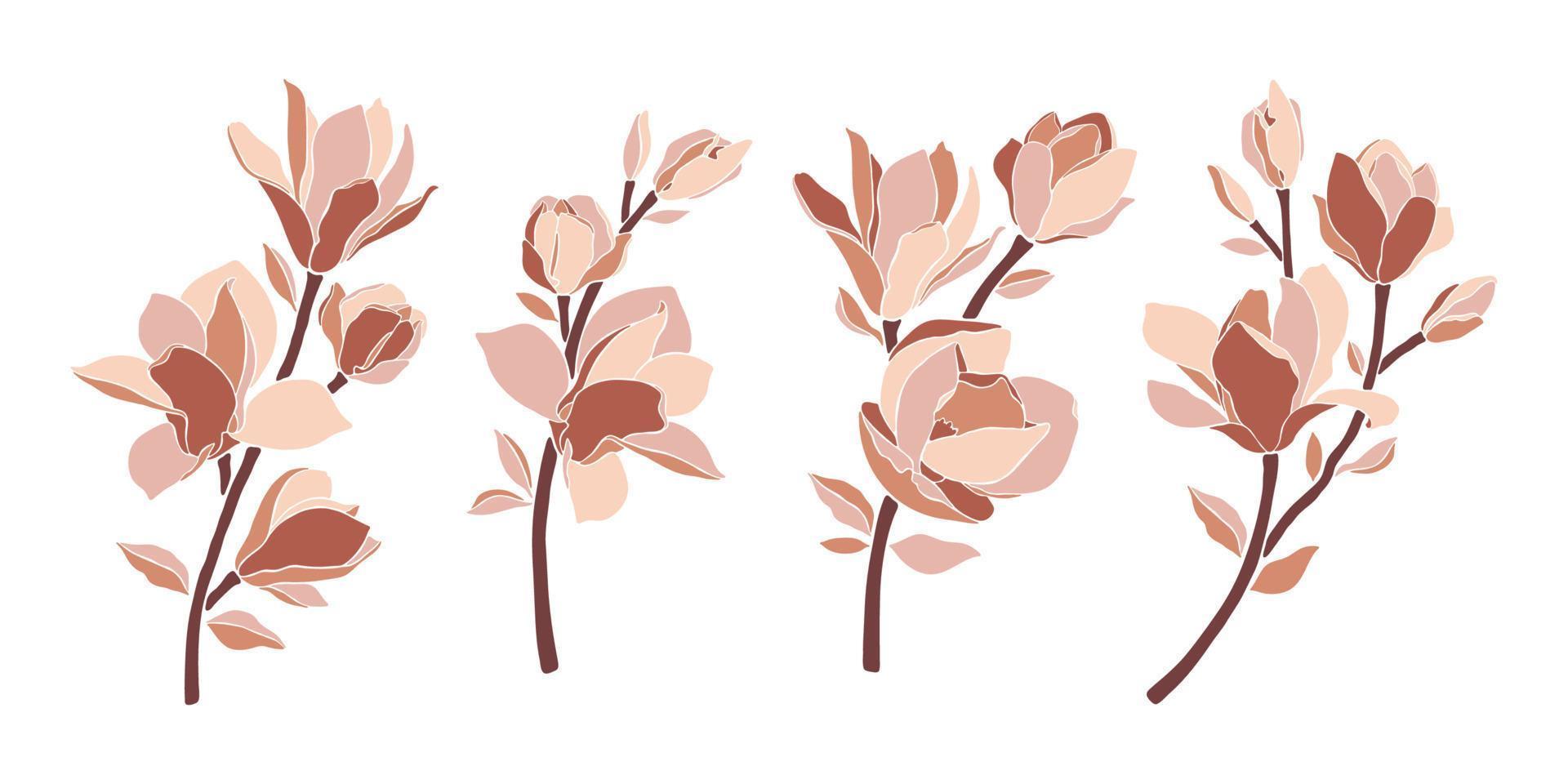 Set of magnolia branches in pastel color palette on white background. vector