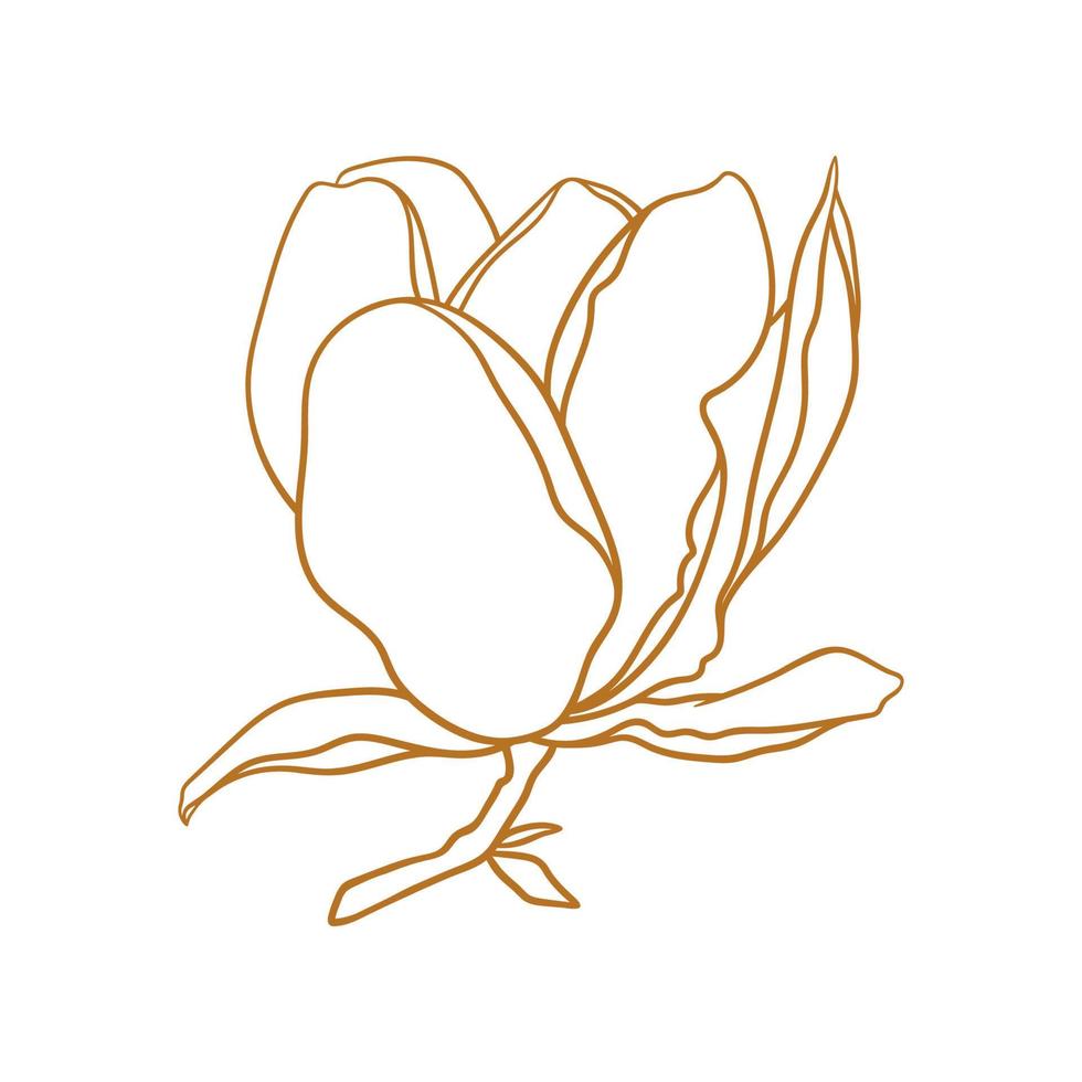 Magnolia flower with branch in gold color. vector