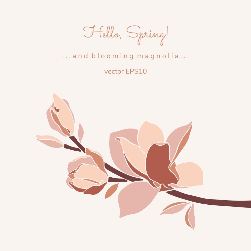 Magnolia branch in pastel color palette on beige background. vector
