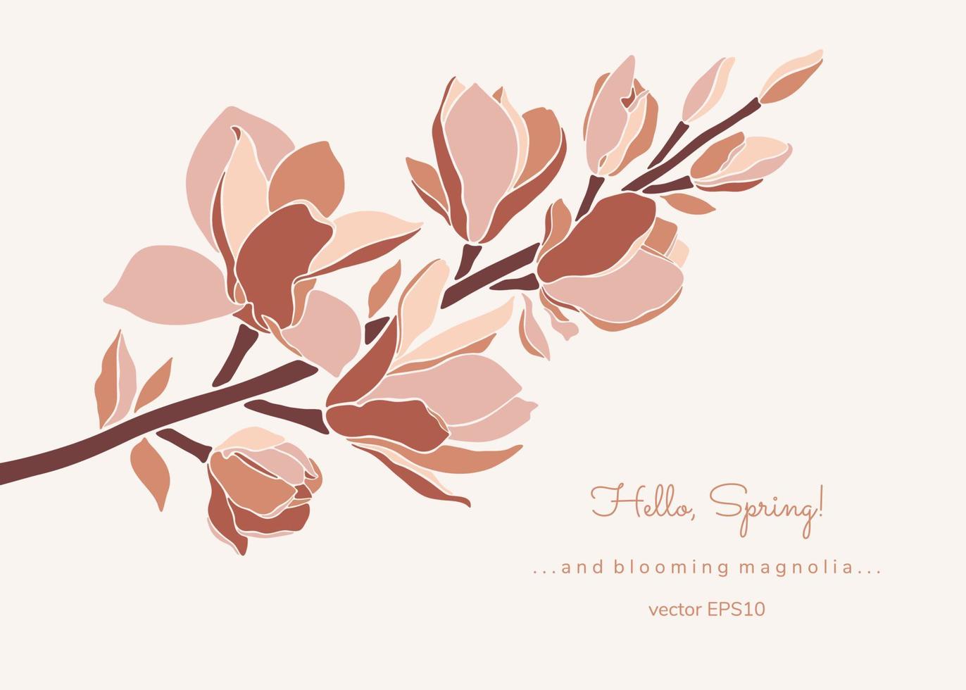 Magnolia branch in pastel color palette on beige background. vector