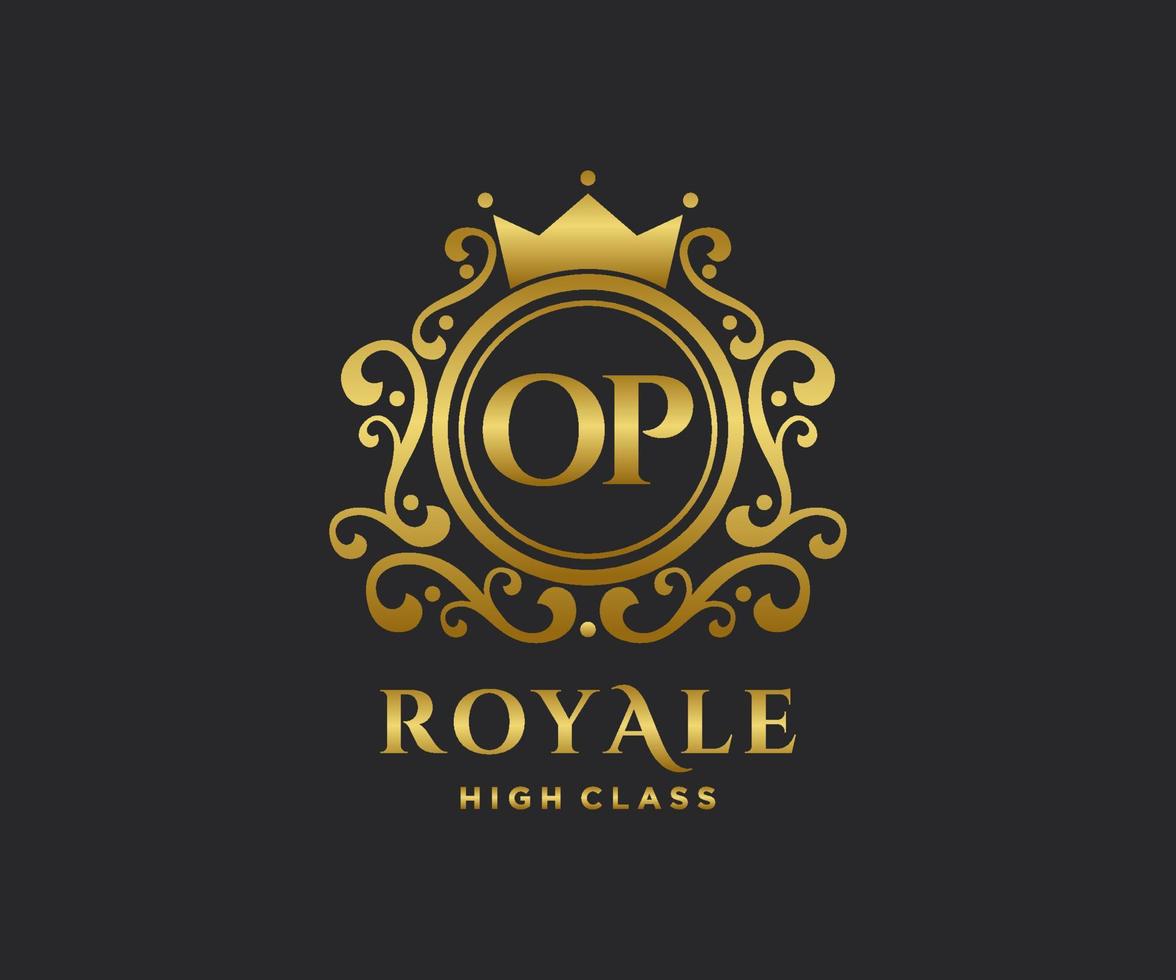 Golden Letter OP template logo Luxury gold letter with crown. Monogram alphabet . Beautiful royal initials letter. vector