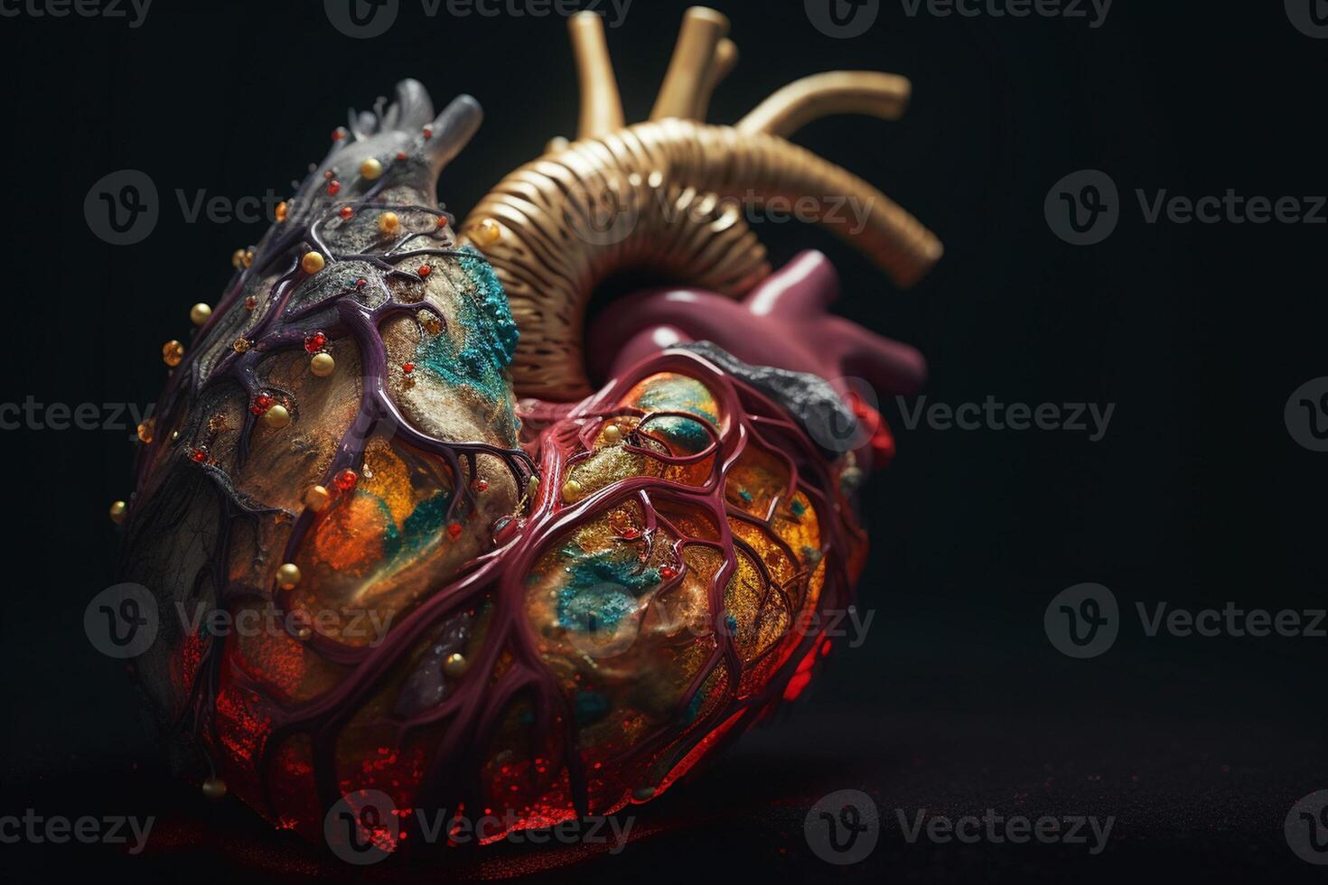 Human heart on a dark background. Anatomical model of the heart. photo