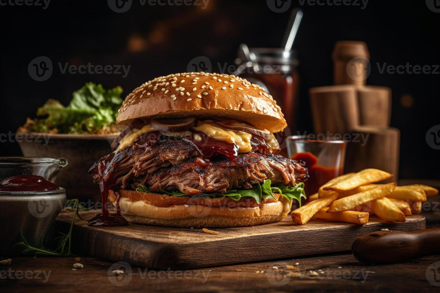 delicioso hamburguesa con salsa de tomate y francés papas fritas en de madera mesa ai generado foto