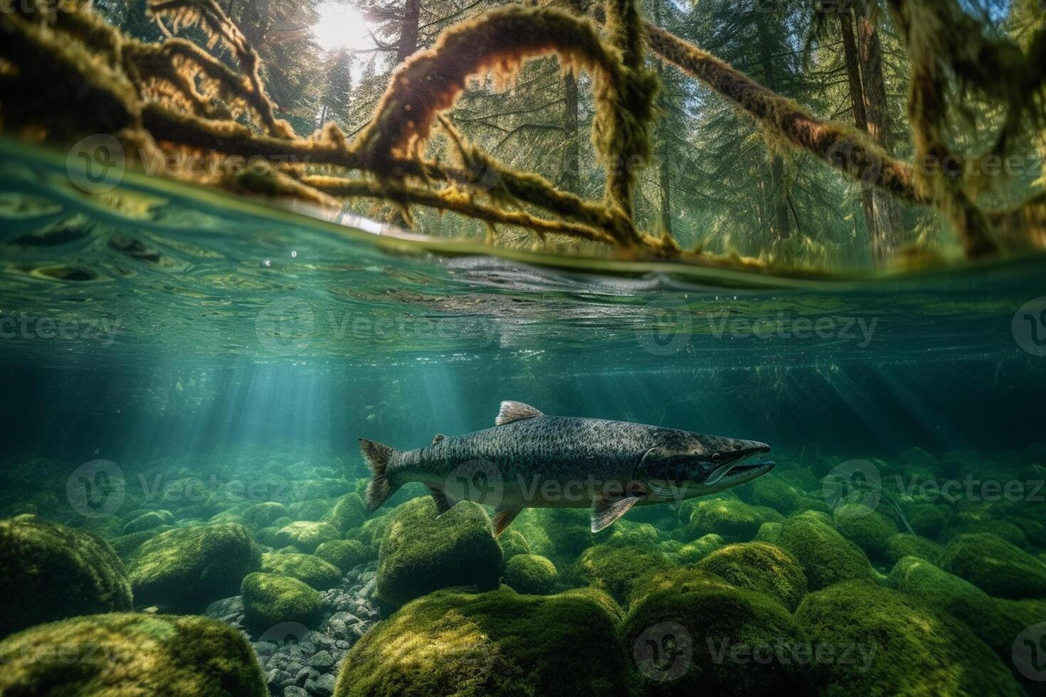 Underwater shot of a salmon swimming in the ocean with algae photo