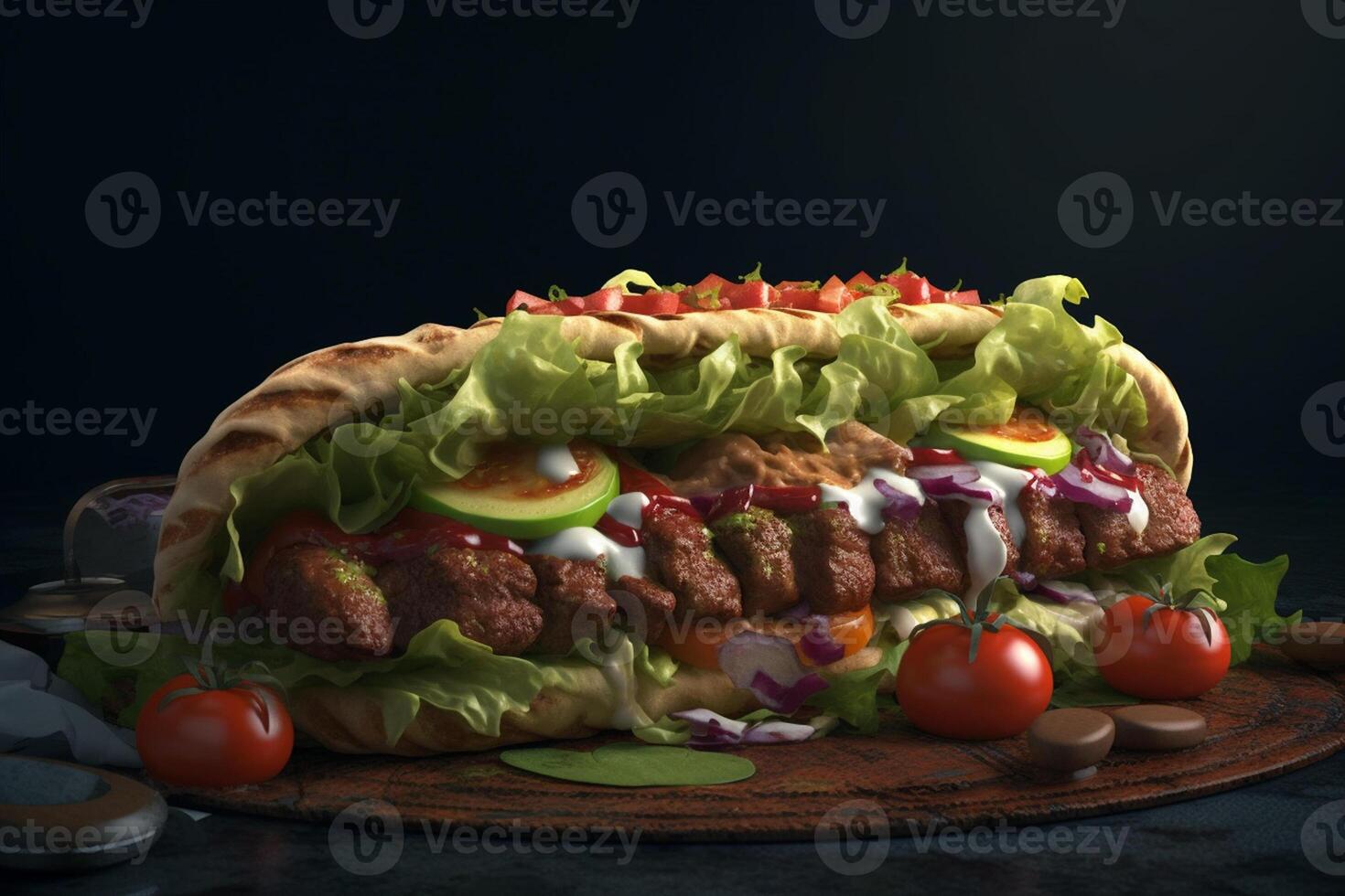 Tasty kebab with vegetables on wooden board on dark background photo