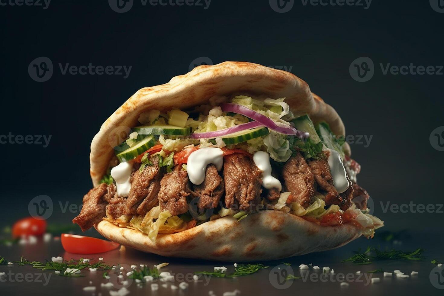 Doner kebab on a pita bread on a dark background photo