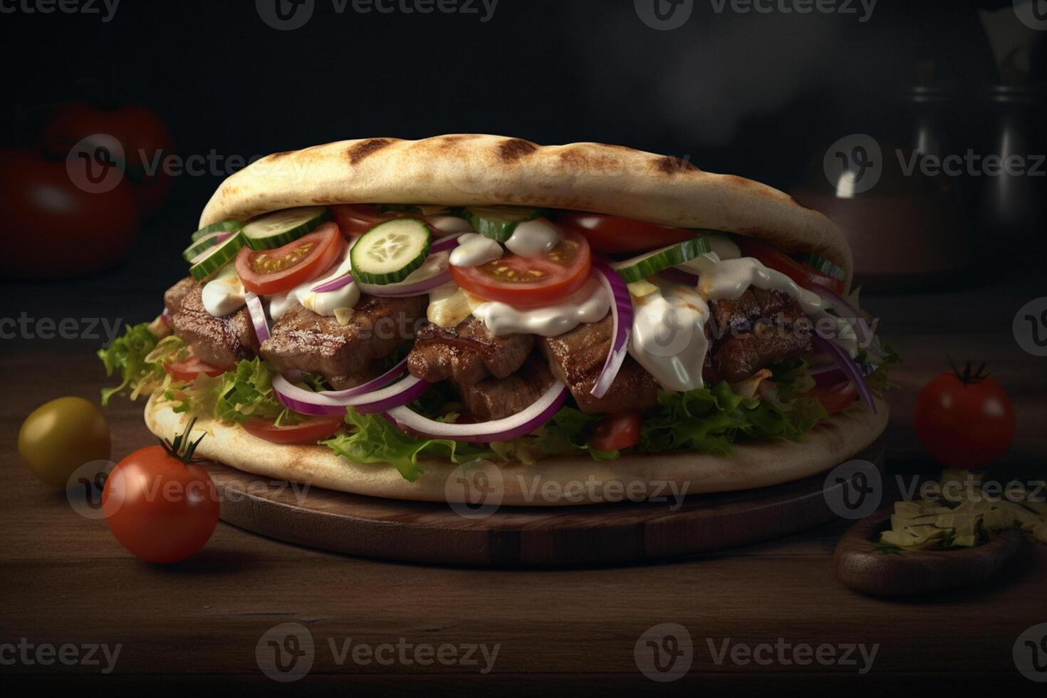 Tasty kebab with vegetables on wooden table, closeup photo