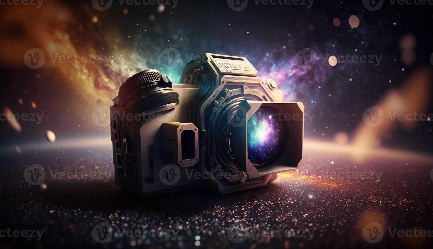 A camera with a purple background and capturing space photo