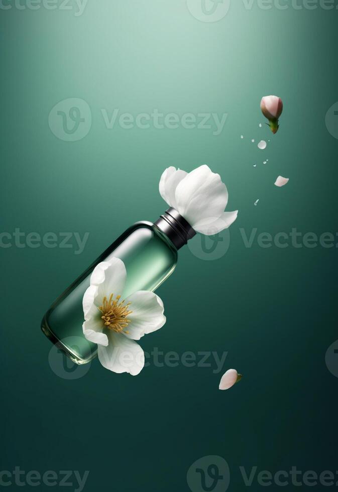 Bottle of perfume with white flowers and petals on green background photo