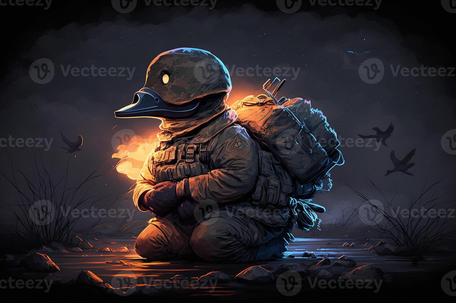 un Pato con un mochila se sienta en un charco en frente de un ardiente fuego ai generado foto