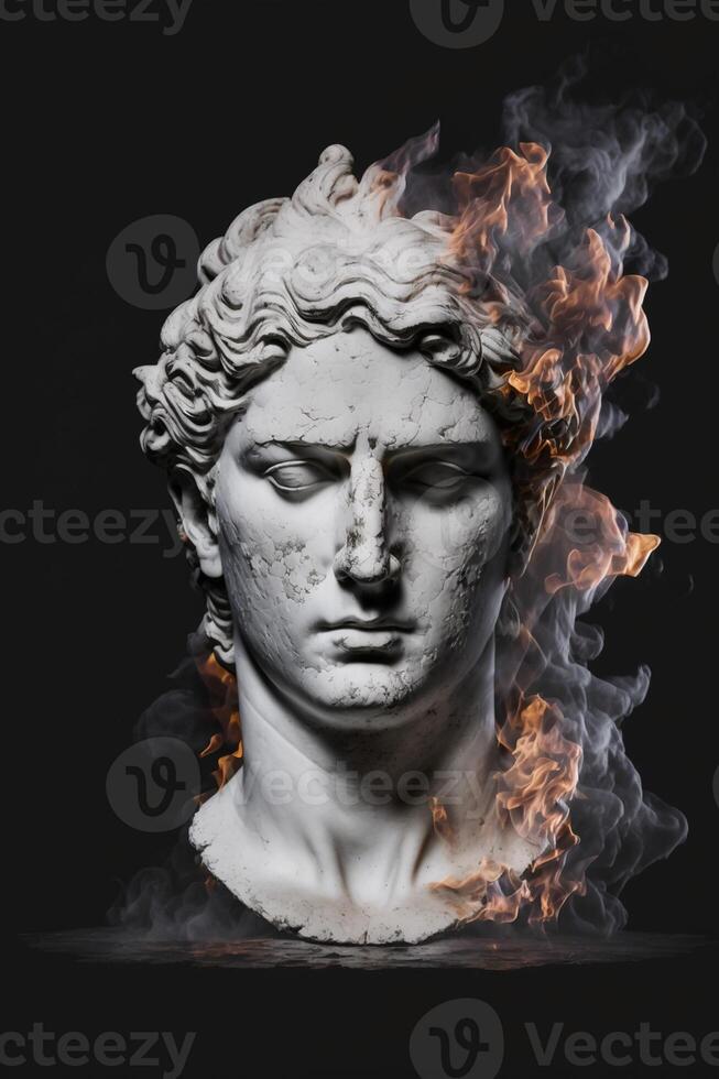 Portrait of an ancient marble statue with a flame in the background