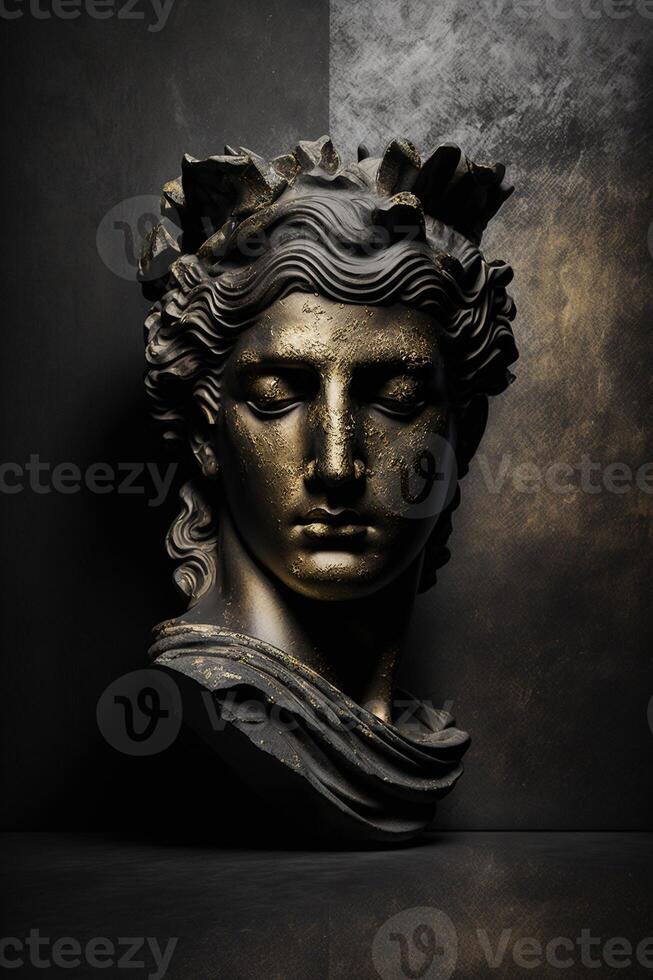 gold and granite statue of man face on a dark background photo