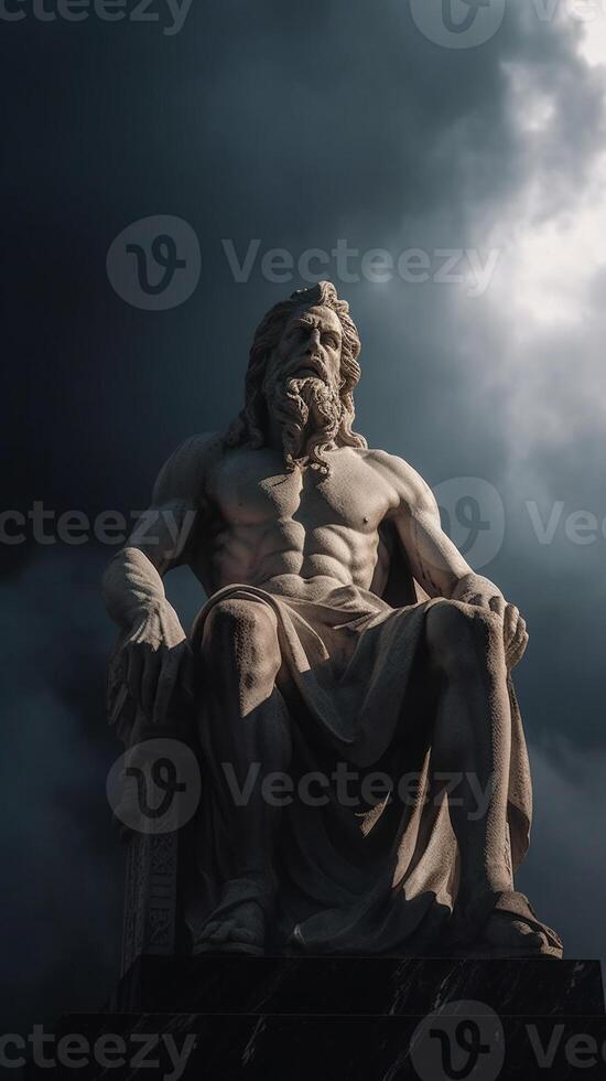 Photo of a Greek statue of a man on a cloudy day