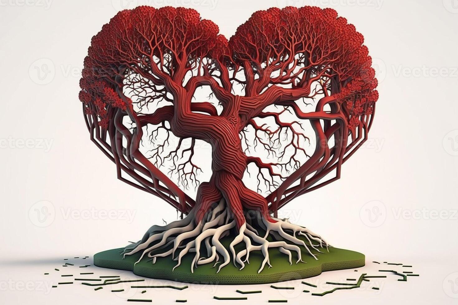 Heart shaped tree with roots on white background photo