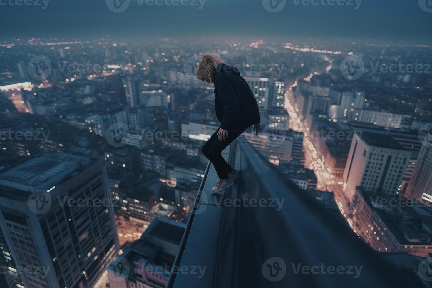 A woman standing on a ledge on a city building photo