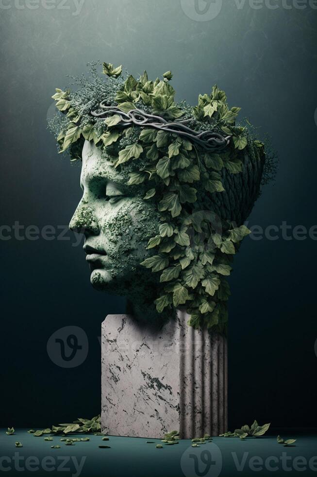 of an old statue with ivy on its head photo