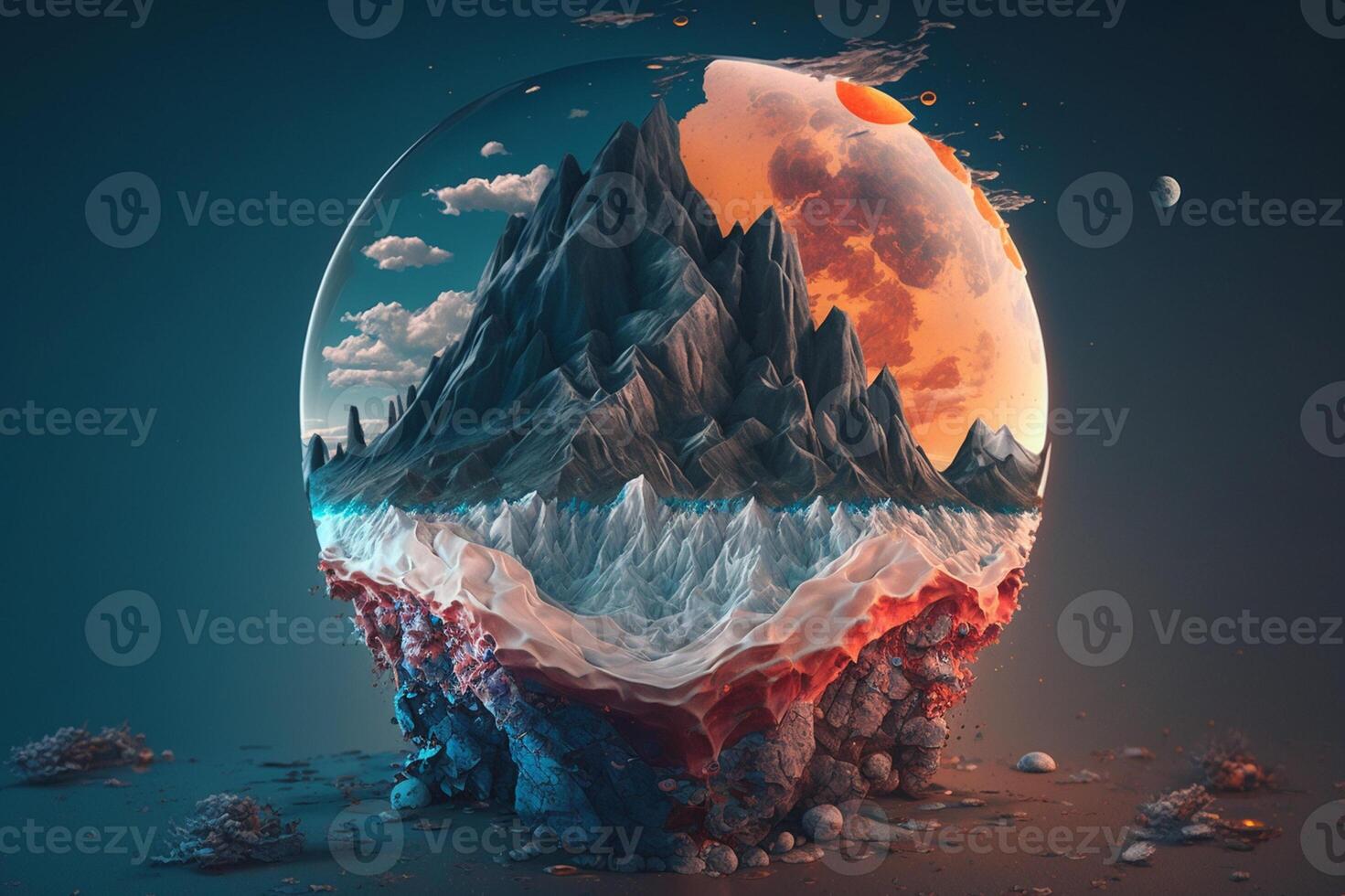 Fantasy landscape mountains in the form of a glass sphere photo