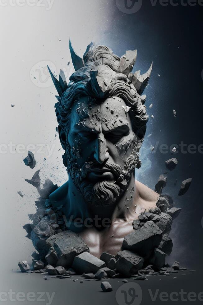 Portrait of ancient greek god Zeus, with cracked stone in the background photo