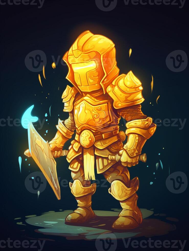 A character with a golden armor and a sword in his hands photo