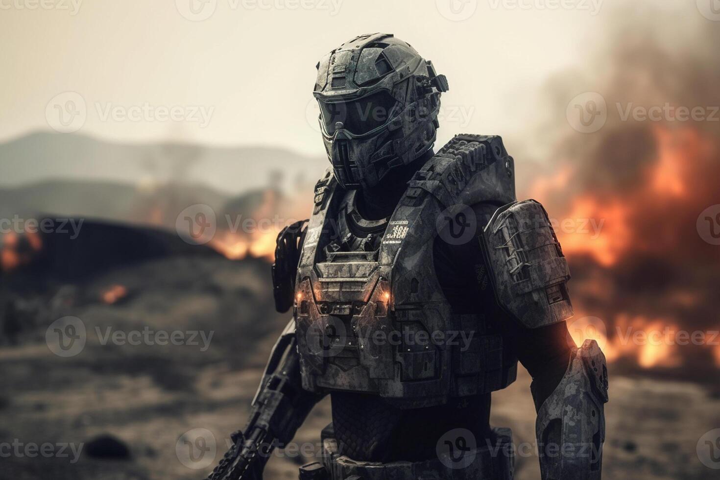 A soldier in a futuristic suit stands in front of a burning fire photo