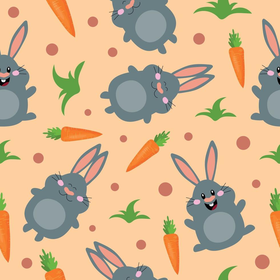 Seamless pattern with cartoon cheerful rabbit and carrot. Design for fabric, wrapping, wallpapers, covers. vector