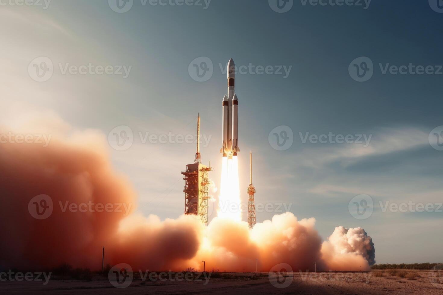 A modern rocket launching from earth created with technology. photo