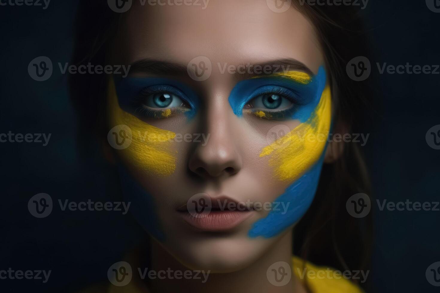 Close up of a female face with ukrainian colors created with technology. photo