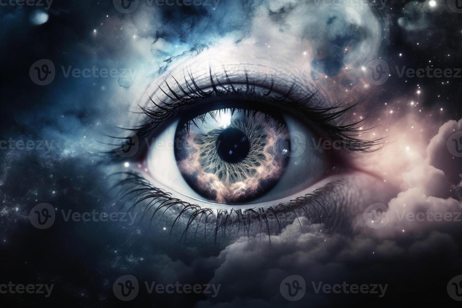An eye made of clouds with a universe background created with technology. photo