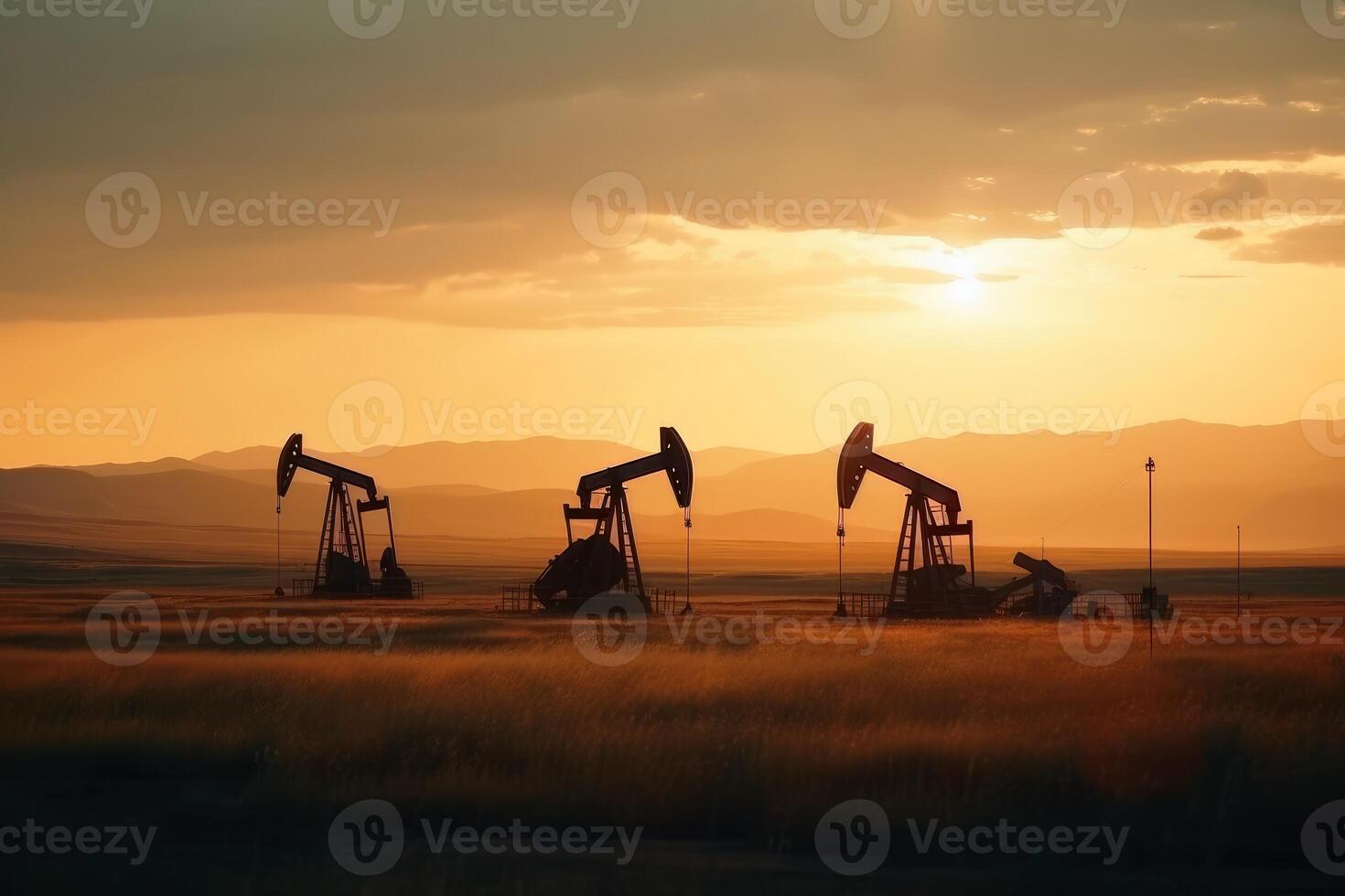 un campo de petróleo pozos bombeo petróleo fuera de el suelo creado con generativo ai tecnología. foto