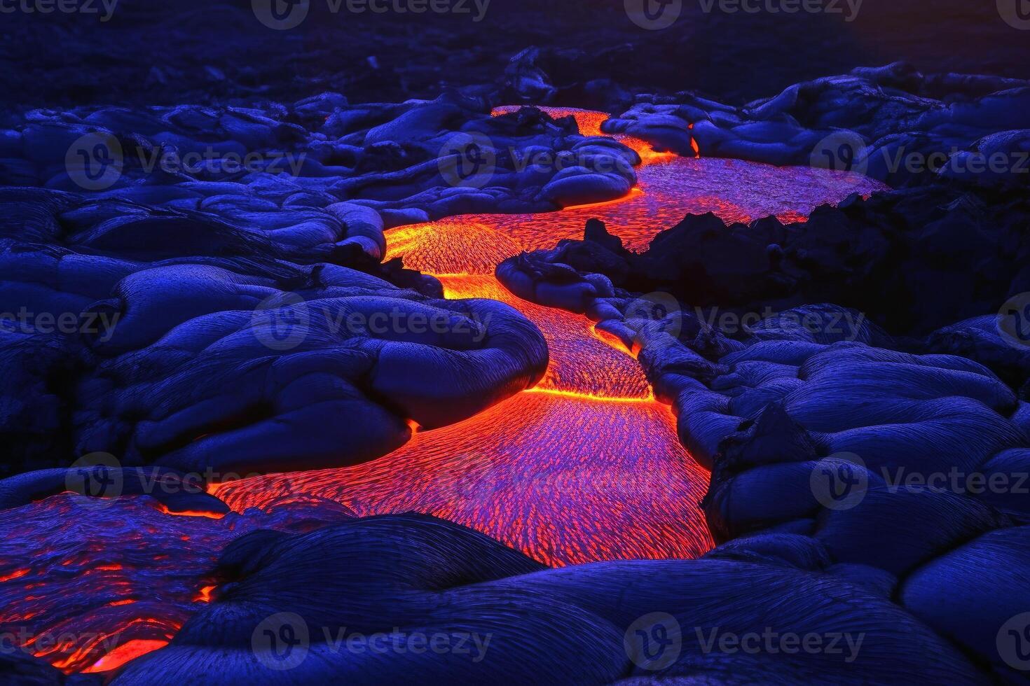 A luminous magma flow in a lava field created with technology. photo