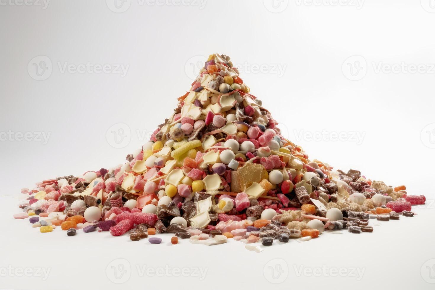 A mountain of sweets on a white background created with technology. photo