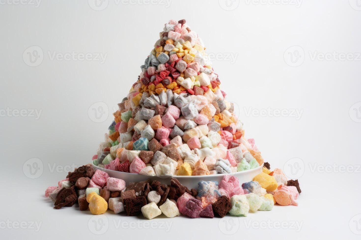 A mountain of sweets on a white background created with technology. photo