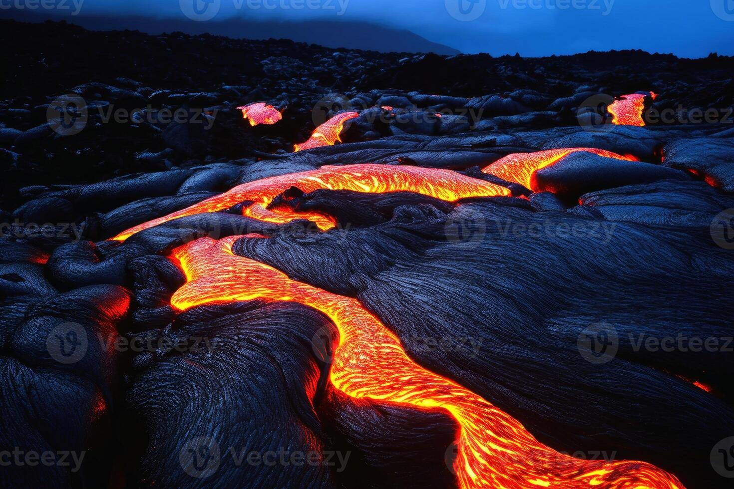 A luminous magma flow in a lava field created with technology. photo
