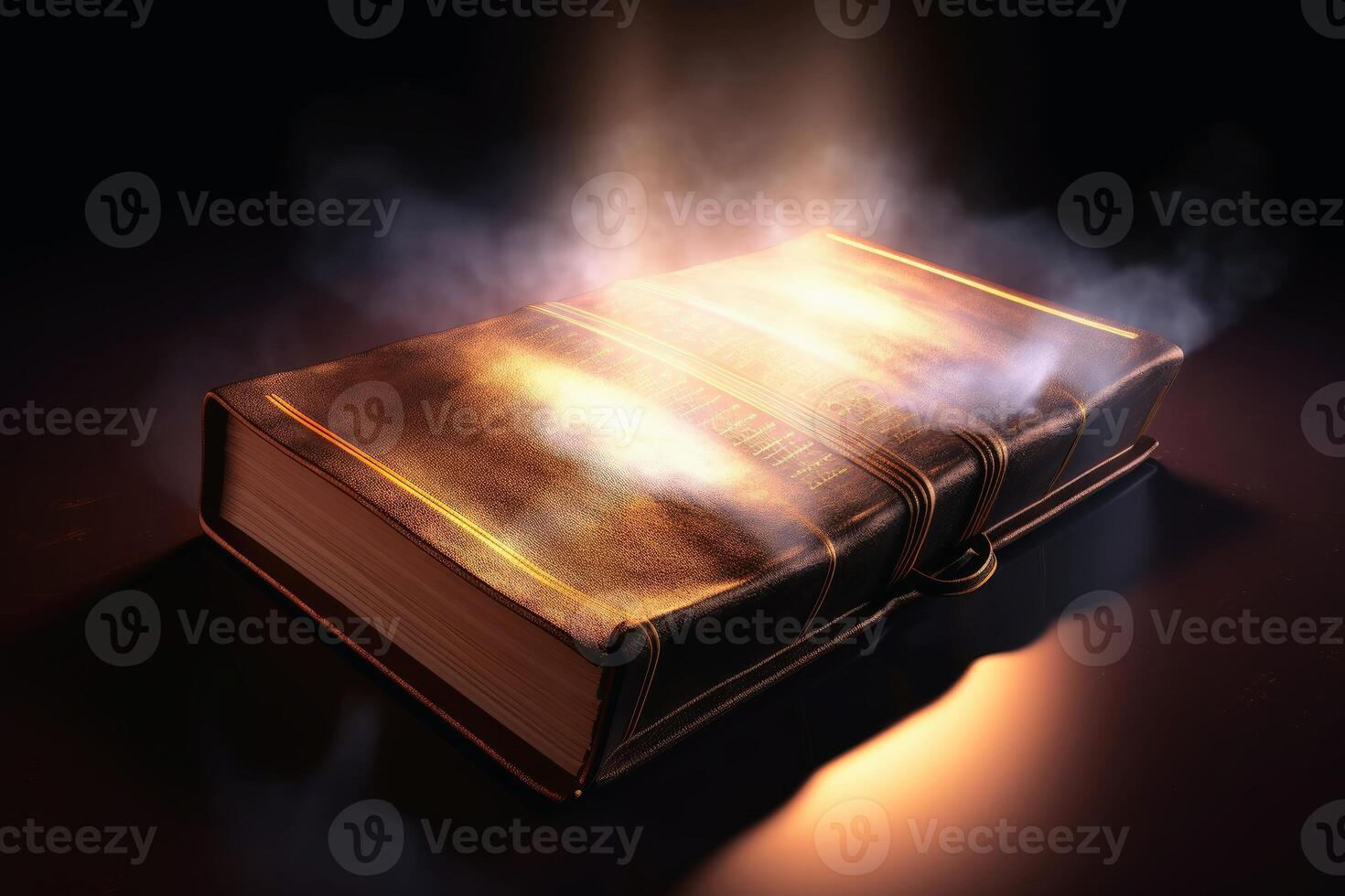 A shining holy bible with a glowing halo created with technology. photo