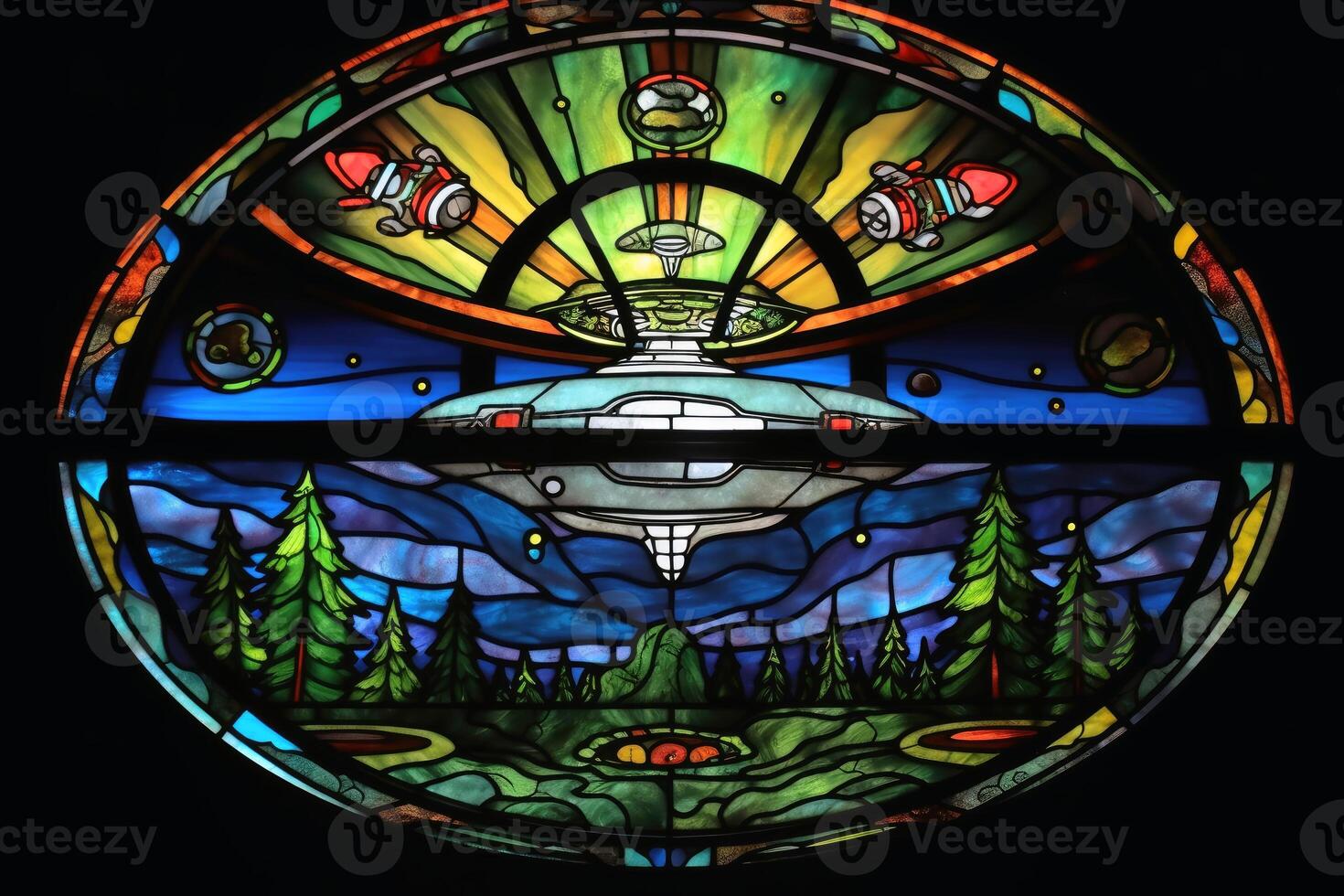 A stained glass scene of a UFO landing created with technology. photo