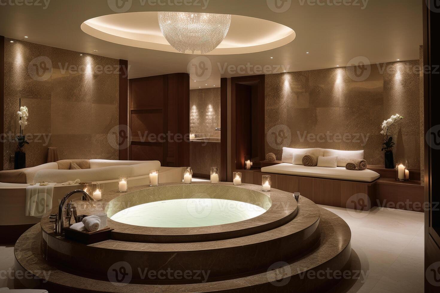 A luxury spa area with a huge bathtub and candle light created with technology. photo