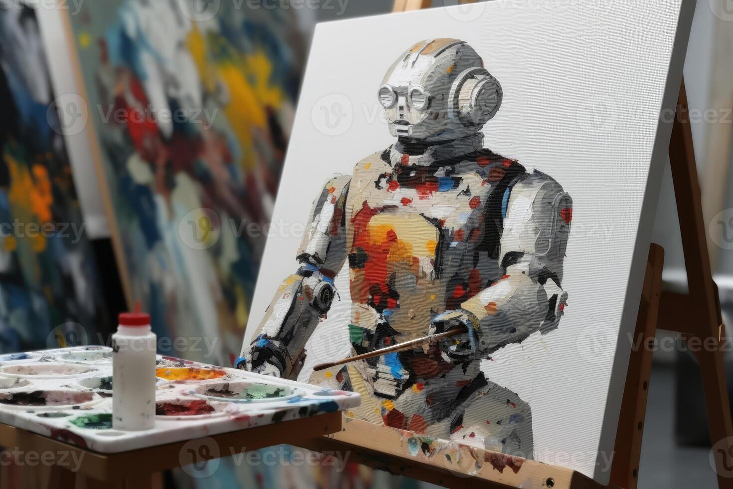 AI robot is painting an artwork created with technology. photo