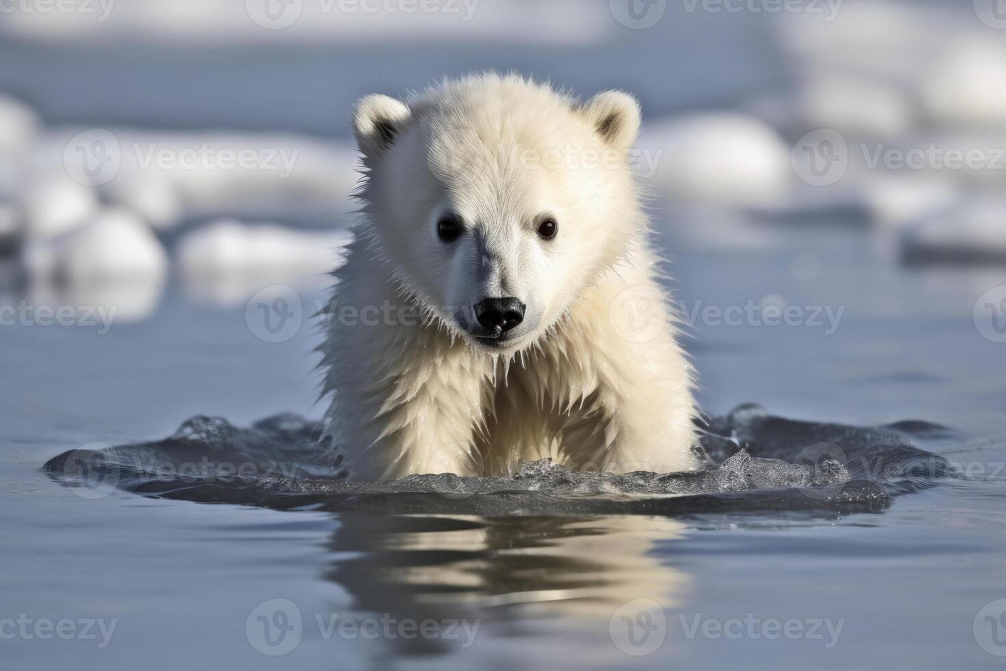 Baby polar bear on melting ice created with technology. photo