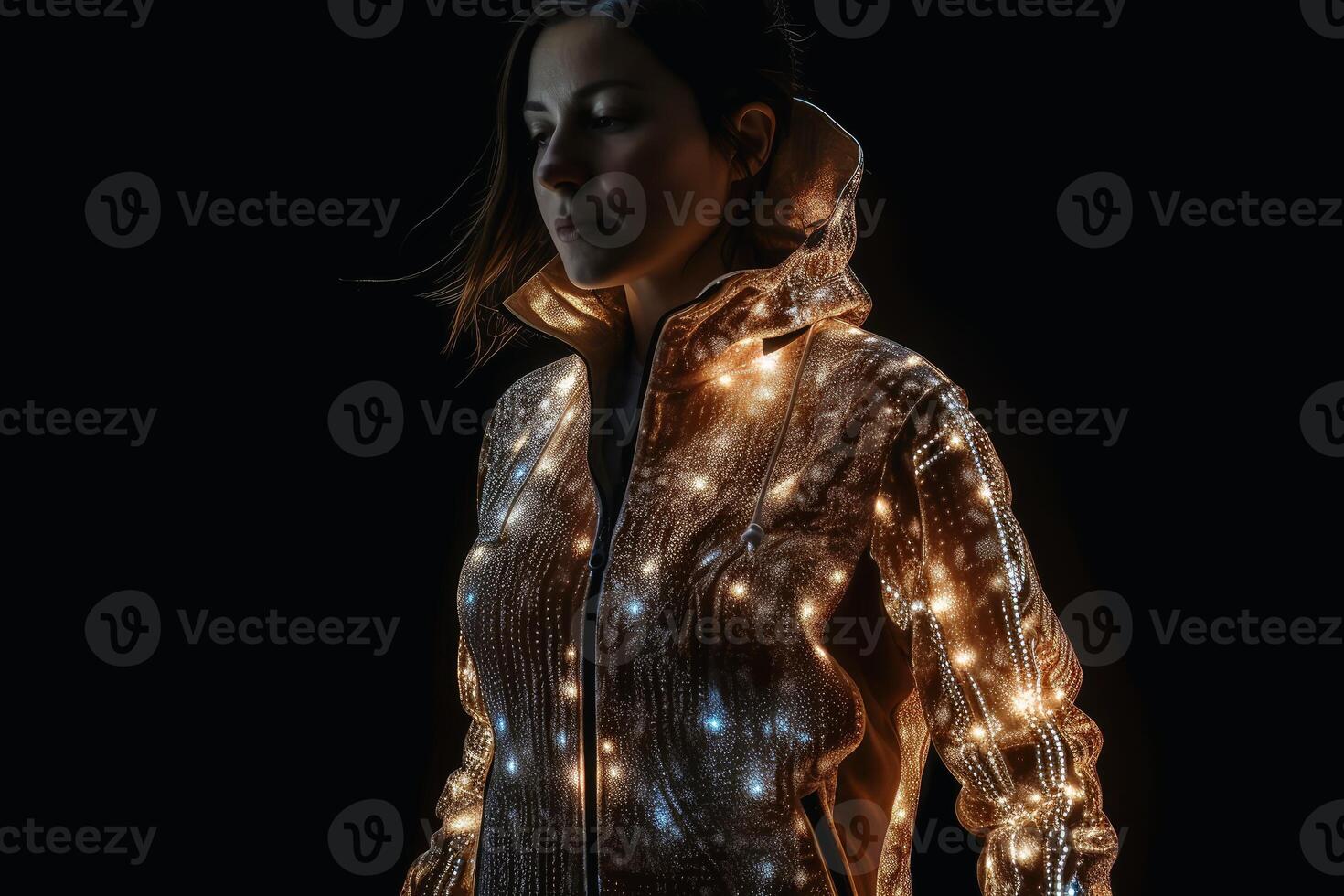 A female model wearing a jacket made of light created with technology. photo