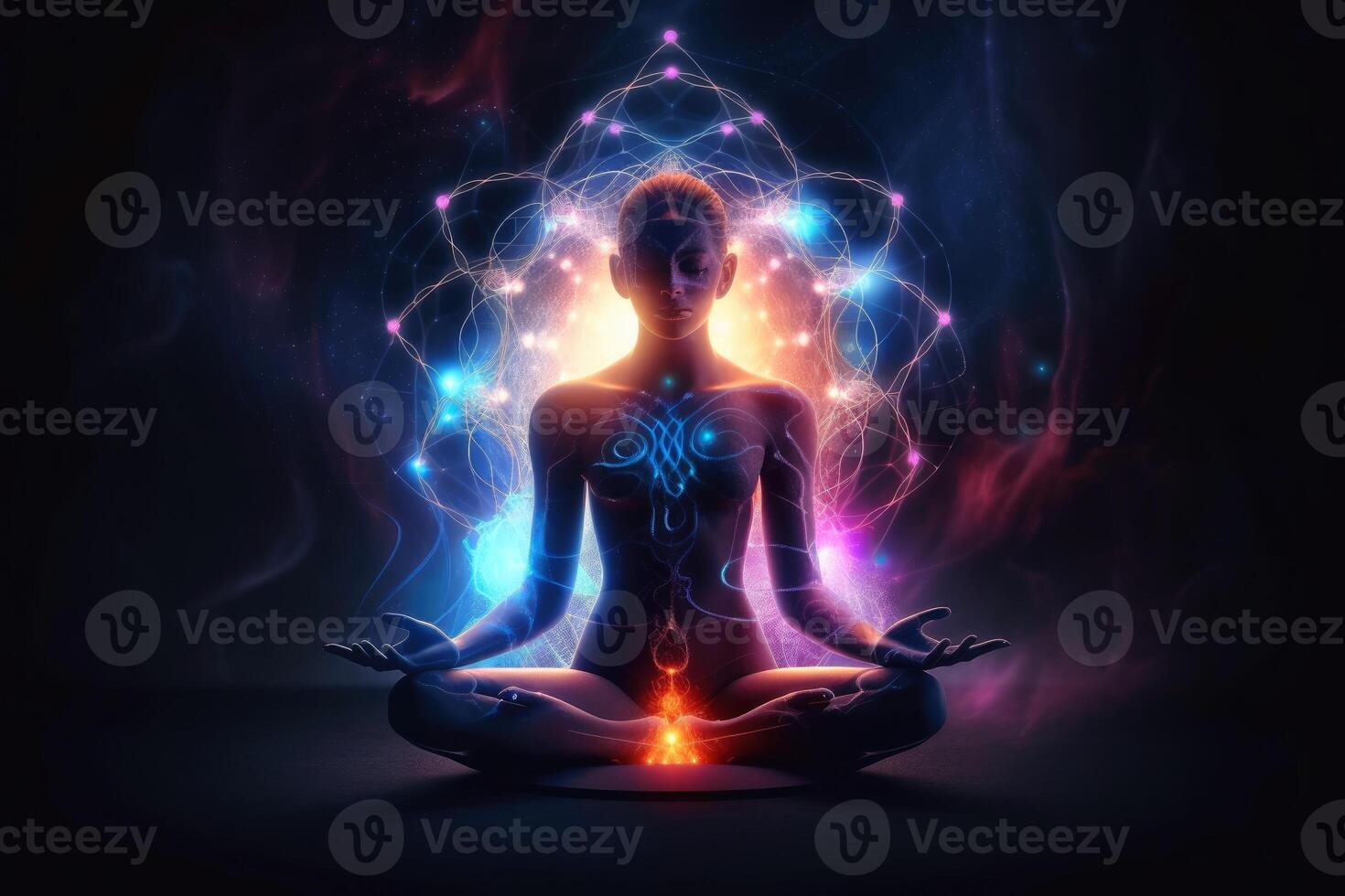 Concept for spiritual meditation of consciousness created with technology. photo