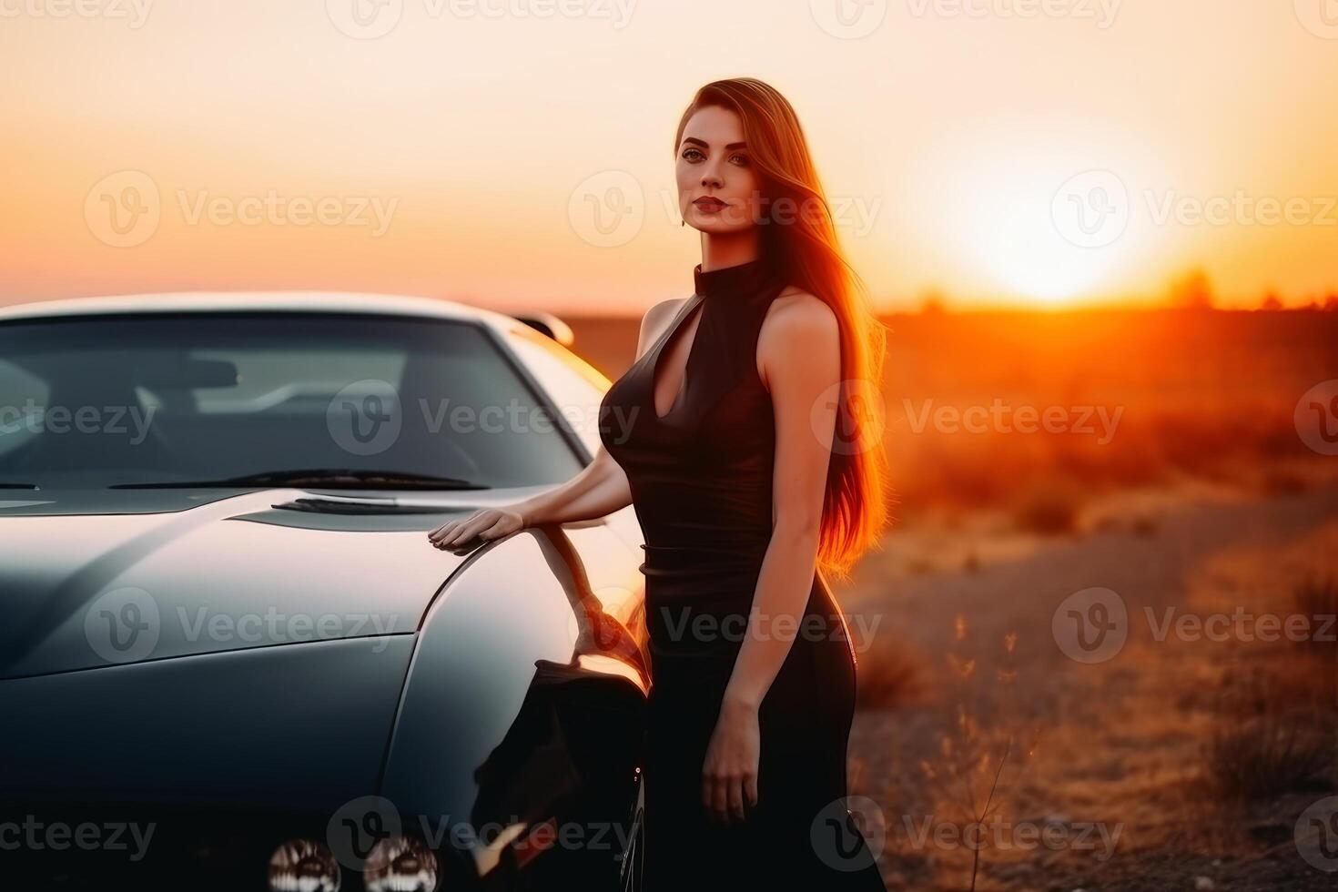 A sexy woman in an elegant dress standing next to a sports car created with technology. photo