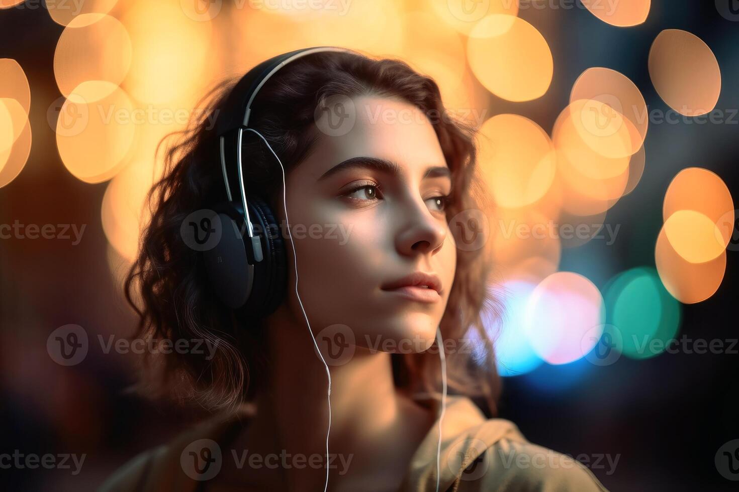 A Woman listening to music created with technology. photo