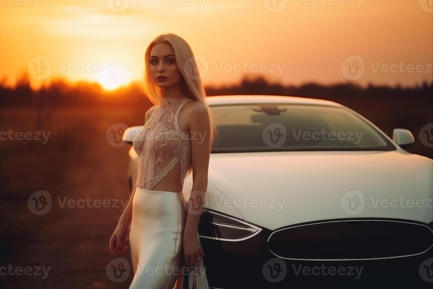 A sexy woman in an elegant dress standing next to a sports car created with technology. photo