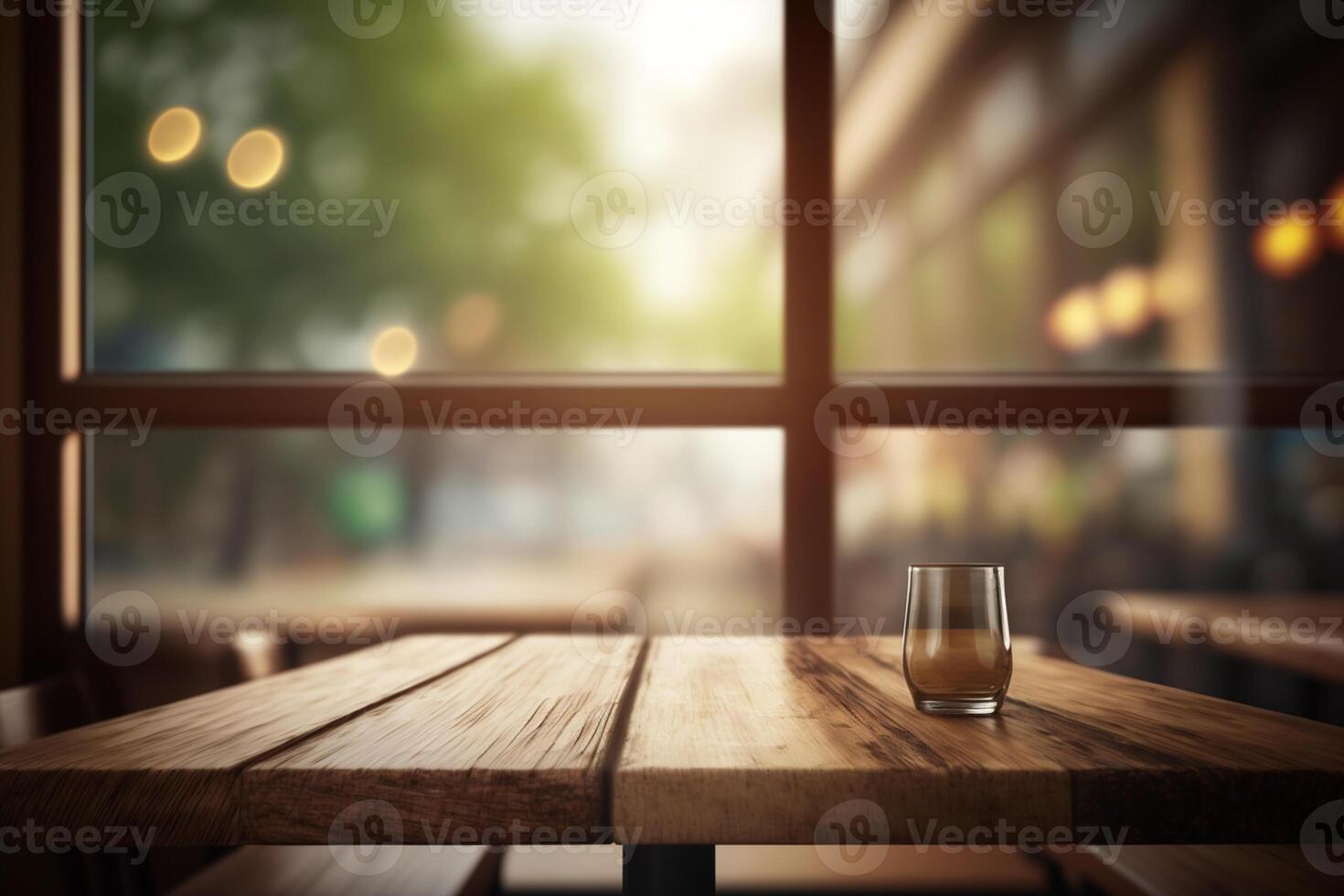 vacío madera mesa parte superior y difuminar vaso ventana interior restaurante ai generado foto