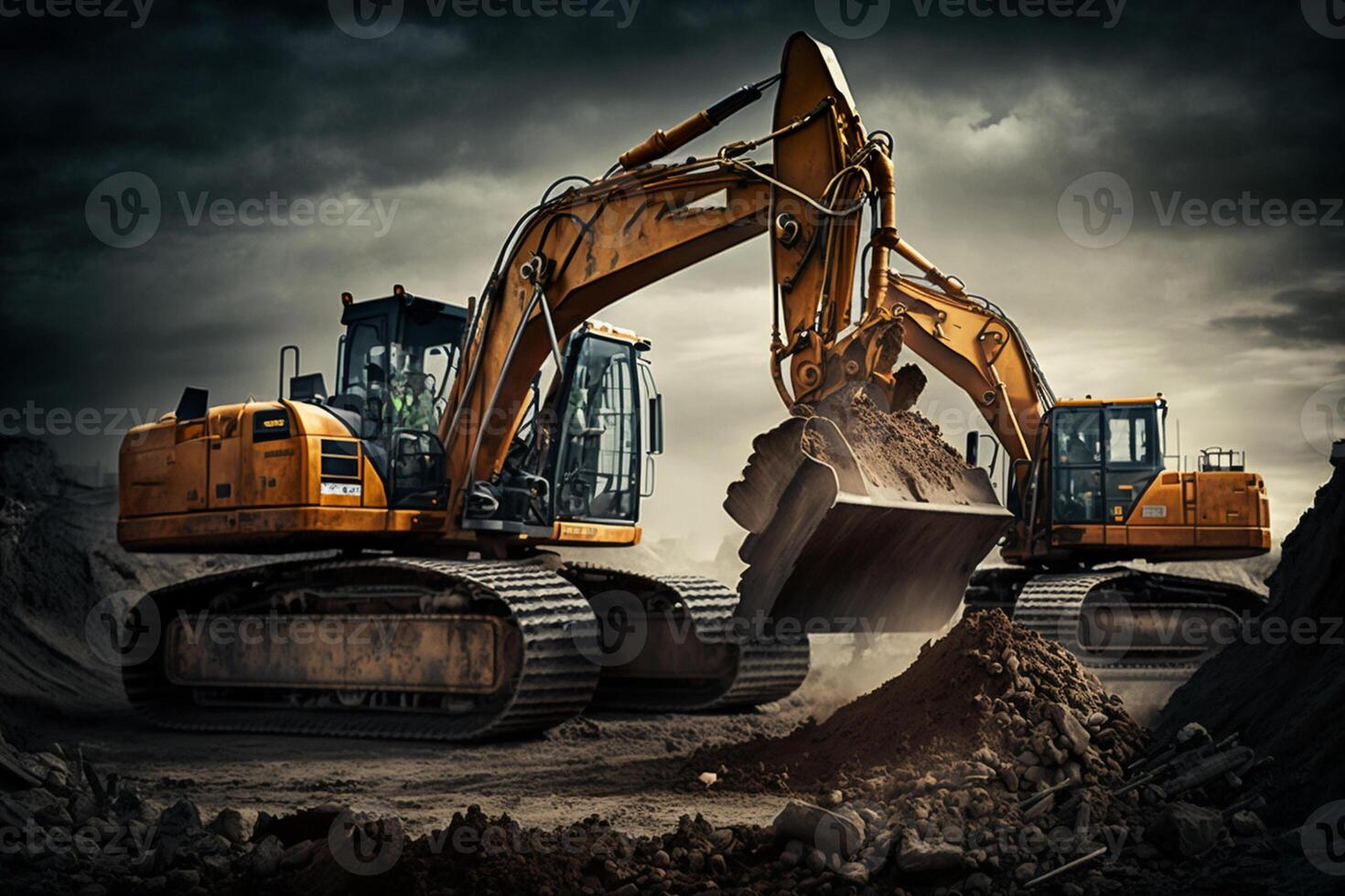 Group of excavator working on a construction site photo