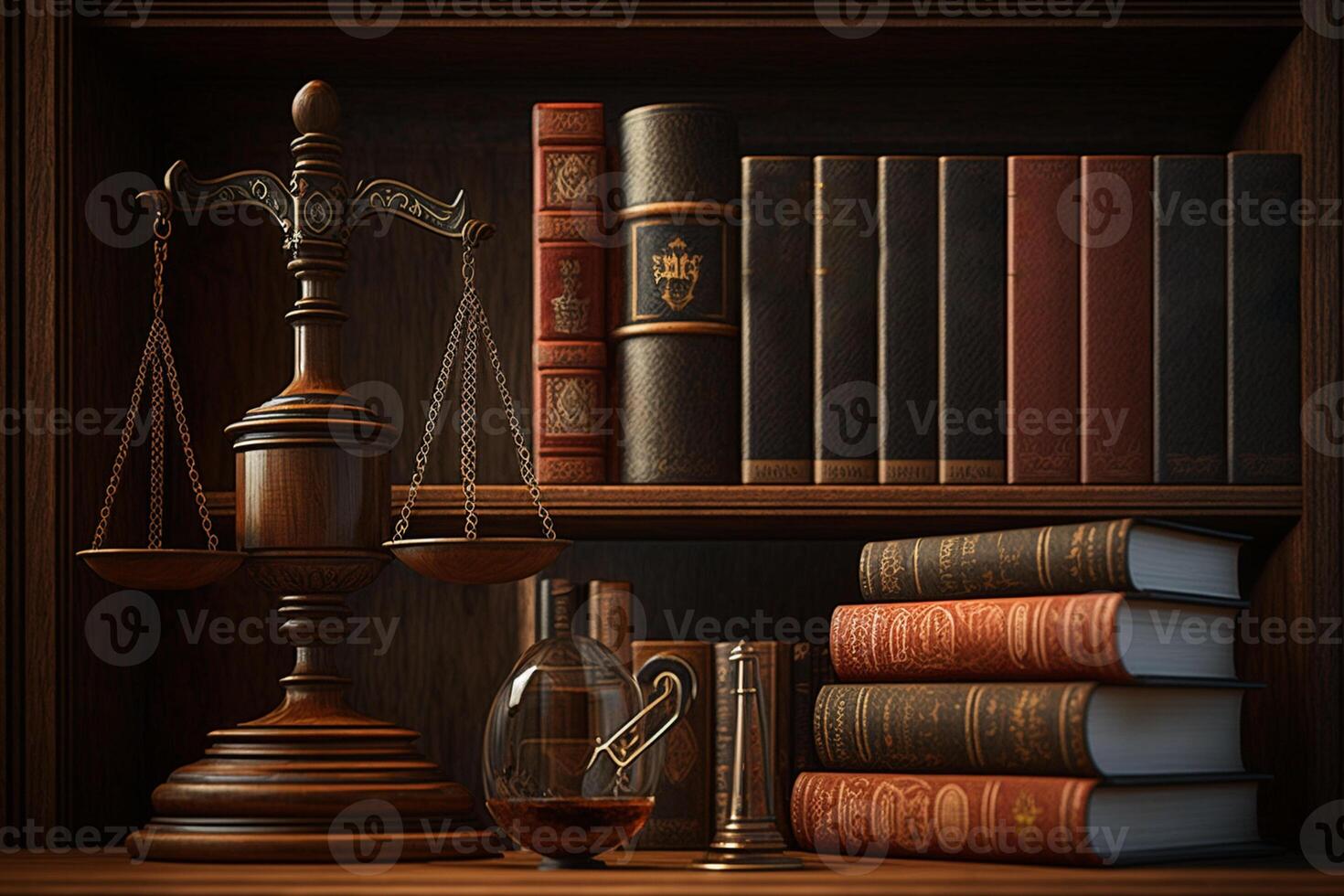 Gavel, scale and law books in the bookshelf photo