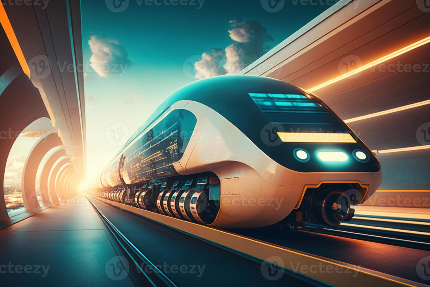futuristic modern train, monorail fast driving in sci fi tunnel, coridor. Concept of future photo